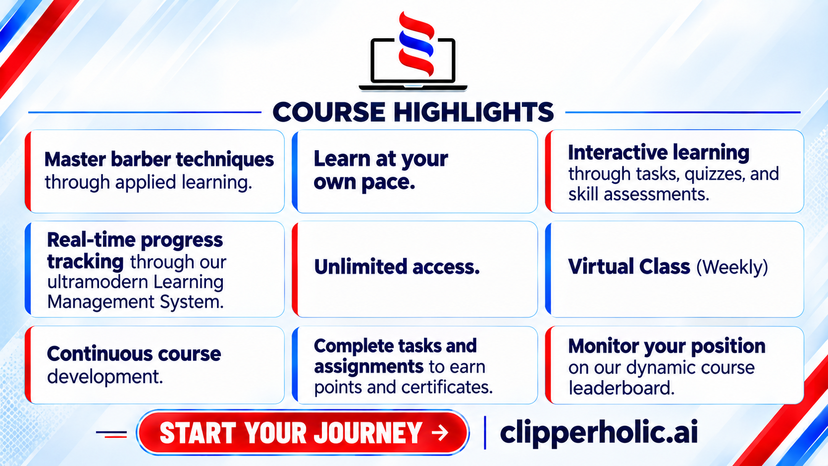 Clipperholic course highlights: applied learning, self-paced lessons, interactive tasks, progress tracking, and virtual classes